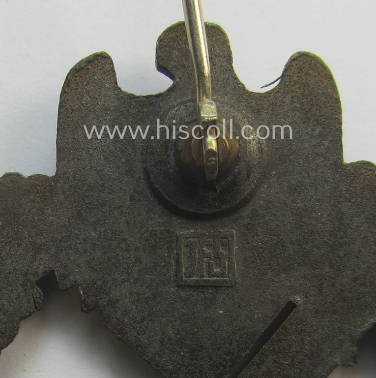 'Infanterie Sturmabzeichen in Bronze' being a maker- (ie. 'JFS'-) marked, 'solid-back' example by the desirable maker: 'Josef Feix u. Söhne' as was executed in golden-bronze-coloured, zinc-based metal