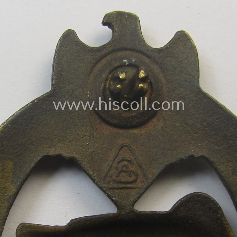 Incomplete 'Panzerkampfabzeichen in Bronze' (or: bronze-class panzer-assault badge or PAB) being a maker- (ie. 'AS' in a triangle-) marked- and/or typical zinc- (ie. 'Feinzink'-) based specimen as was procuced by a to date unknown maker
