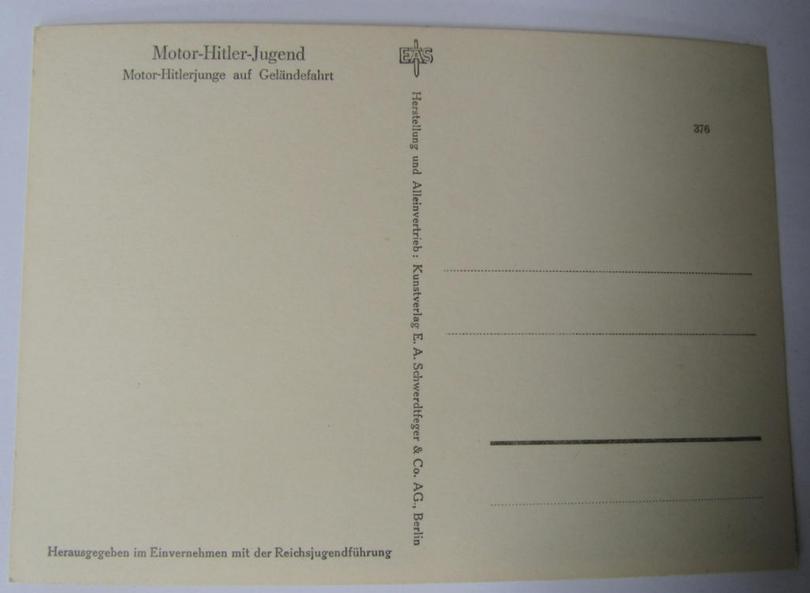 Attractive - and scarcely seen! - example of a period, picture-postcard originating from the 'Reichsjugendführung'-series, depicting a Motor-HJ-member on a motor-cycle and bearing the text: 'Motor-Hitlerjugend - Motor-Hitlerjunge auf Geländfahrt'