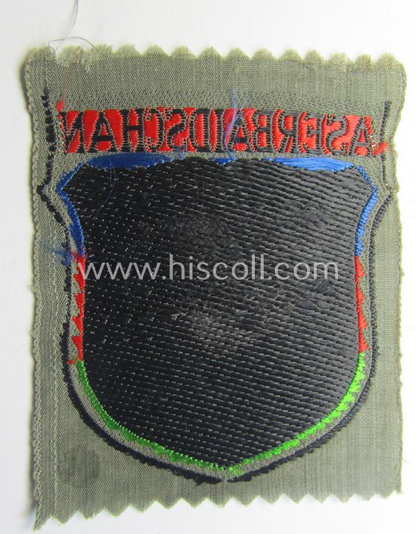 Neat, 'BeVo'-type armshield entitled: 'Aserbaidschan', being a piece as intended for a volunteer who served within the 'Deutsche Wehrmacht' ie. within the 'Aserbaidschanisches Legion'
