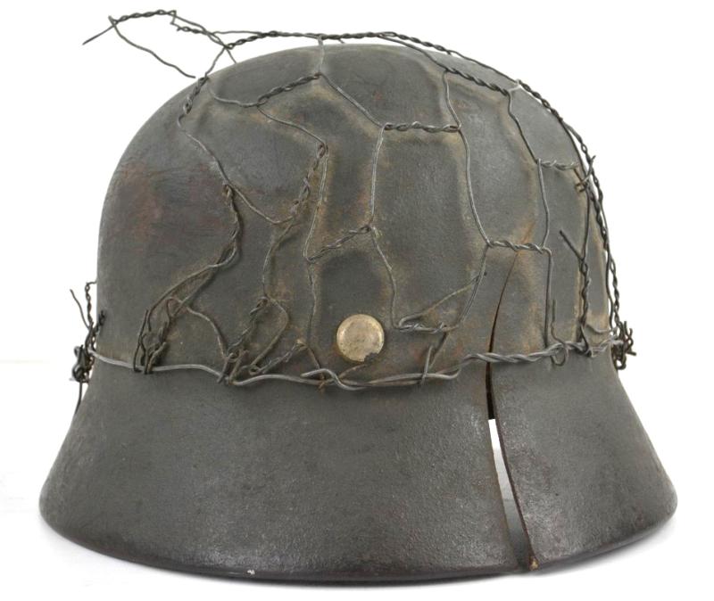 German WH M40 SD Combat Helmet with Battle damage and Half Wire Basket