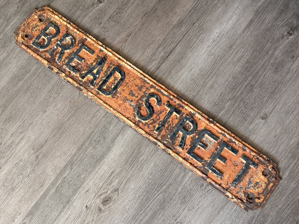 Fabulous Rare Original English Cast Iron City of London Street Sign Bread Street. ADDITIONAL PHOTOS