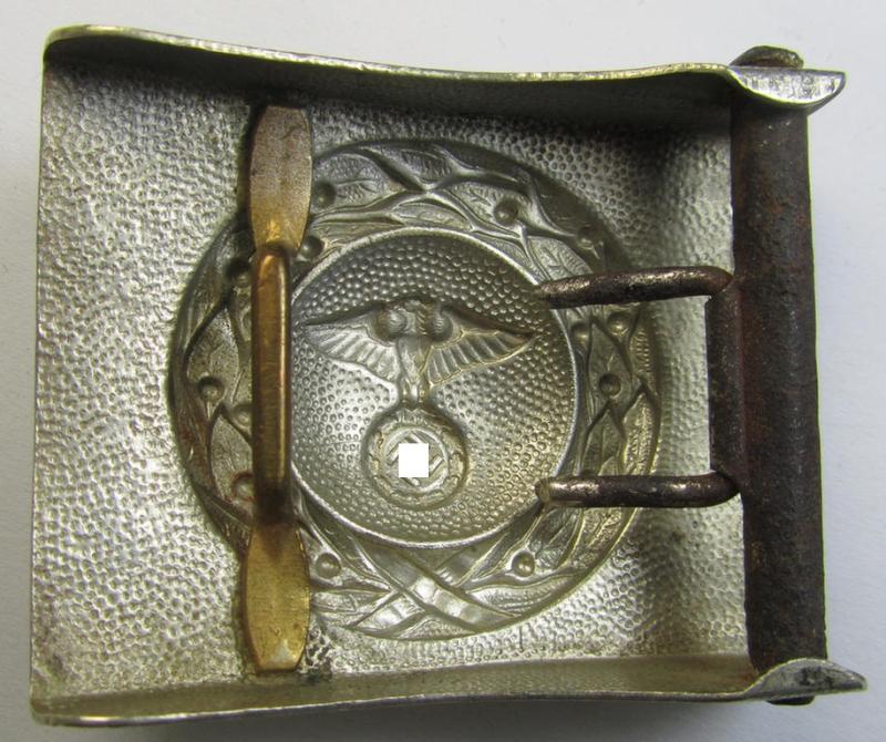Attractive - and actually scarcely encountered! - example of an early- (ie. '1935'-) pattern so-called: 'DLV' (ie. 'Deutscher Luftsport Verbandes') metal- (ie. nickle-chrome-) based belt-buckle that comes in a moderately used- ie. worn-, condit...