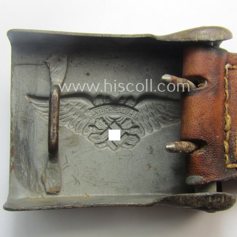 RLB (ie. 'Reichsluftschutz-Bund'), steel-based EM- (ie. NCO-) type belt-buckle (of the third- and final pattern) being a non-maker-marked example that comes mounted onto its maker-marked and/or: '1942'-dated tab
