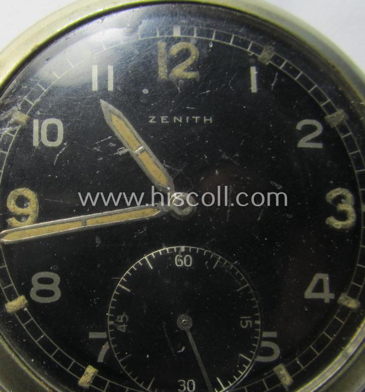 Attractive - and scarcely encountered! - 'Deutsche Wehrmacht'- (ie. WWII-period) pocket-watch ('Dienstuhr') of the make: 'Zenith' having a black-coloured dial-plate and/or engraved back-plate that reads: 'D 8413833 H'