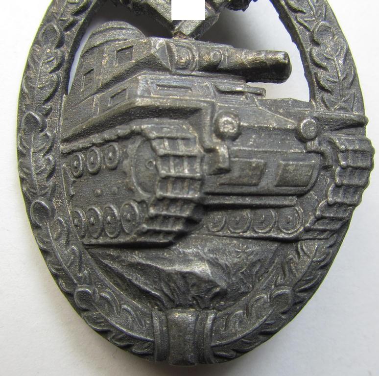 Attractive, 'Panzerkampfabzeichen in Silber' (or: silver-class panzer assault badge or PAB) being a zinc- (ie. 'Feinzink'-) version (of the so-called: 'early-period, hollow-zinc, Type A'-variant) as was procuced by the: 'Wilhelm Deumer'-compa...