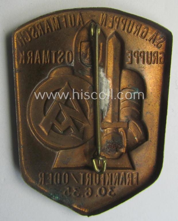 Reddish-bronze-toned, SA-related day-badge (ie. 'tinnie' or: 'Veranstaltungsabzeichen') as was issued to commemorate the: 'S.A. Gruppen-Aufmarsch - Gruppe Ostmark - Frankfurt/Oder - 30.6.35'