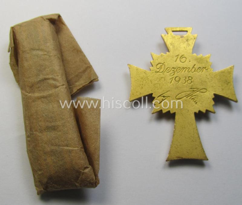 Attractive, 'Ehrenkreuz der deutschen Mutter - erste Stufe' (or: golden-class mothers'-cross) being a 'virtually mint' example that comes with its accompanying, long-sized- (and also 'mint'!) ribbon as issued and/or recently found