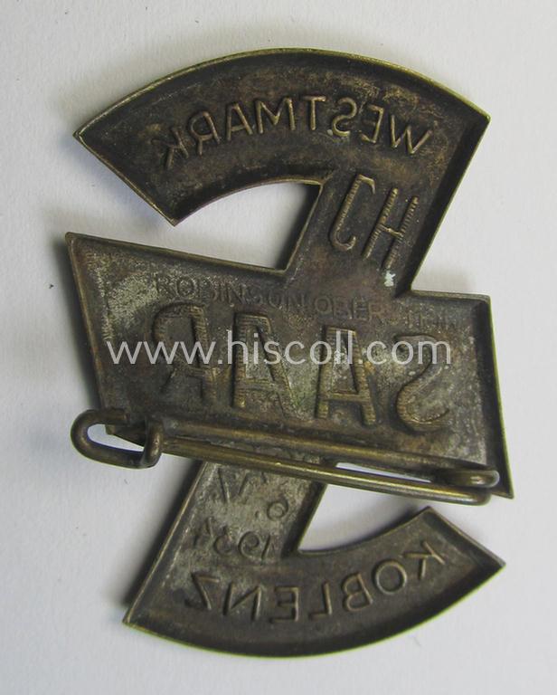 Attractive - and scarcely encountered! - HJ- (ie.'Hitlerjugend'-) related 'tinnie' being a non-maker-marked example showing a (stylised- ie. rounded) 'Wolfshook'-insignia and text that reads: 'HJ Saar - Westmark - Koblenz - 16./17.6.1934'