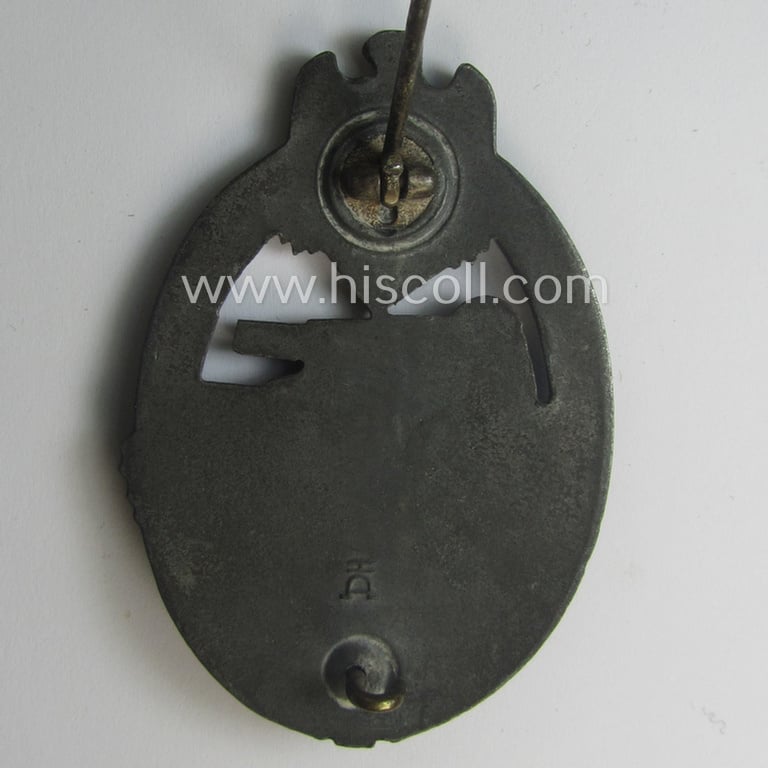 'Panzerkampfabzeichen in Silber' being a neatly maker- (ie. 'HA'-) marked- and/or typical zinc- (ie. 'Feinzink'-) based specimen as was produced by the desirable 'Hersteller' (ie. maker): 'Hermann Aurich'