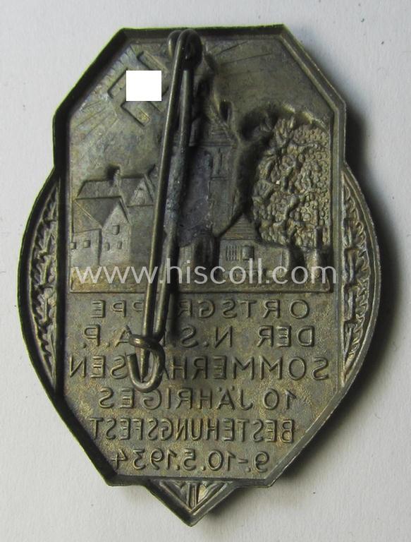 Attractive, golden-bronze-toned N.S.D.A.P.-related 'tinnie' (ie. 'Veranstaltungsabzeichen') showing an illustration of a towns'-view, sun-burst and text: 'Ortsgruppe der N.S.D.A.P. - Sommerhausen - 10 Jähriges Bestehungsfest - 9.-10.-5-1934'