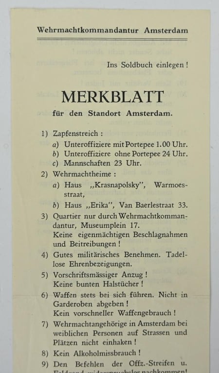 German Occupation Leaflet 'Wehrmachtkommandatur Amsterdam'