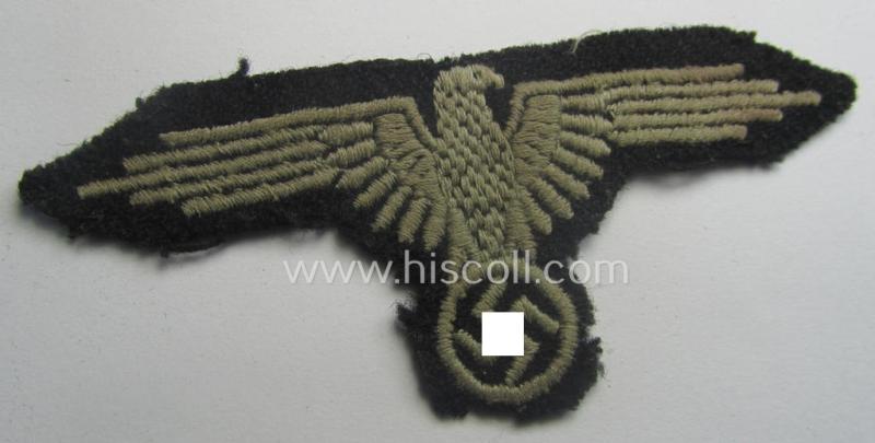 Clearly used- and/or tunic-removed, 2-pieced 'SS'- (ie. 'Waffen-SS'-) insignia-set comprising of a so-called: 'RzM'-type EM- (ie. NCO-) pattern arm-eagle and/or rank-chevron as was intended for usage by an: 'SS-Rottenführer'