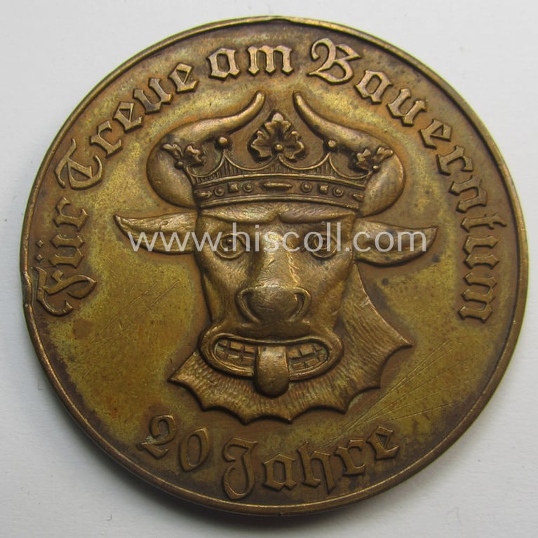 Unusally seen, 'Reichsnährstand'- (ie. 'RNSt.'-) related loyal-service plaque (ie. 'Nichttragbare Plakette des Landesbauernschaft Mecklenburg') being a non-maker-example showing the text: 'Für Treue am Baurerntum - 20 Jahre'