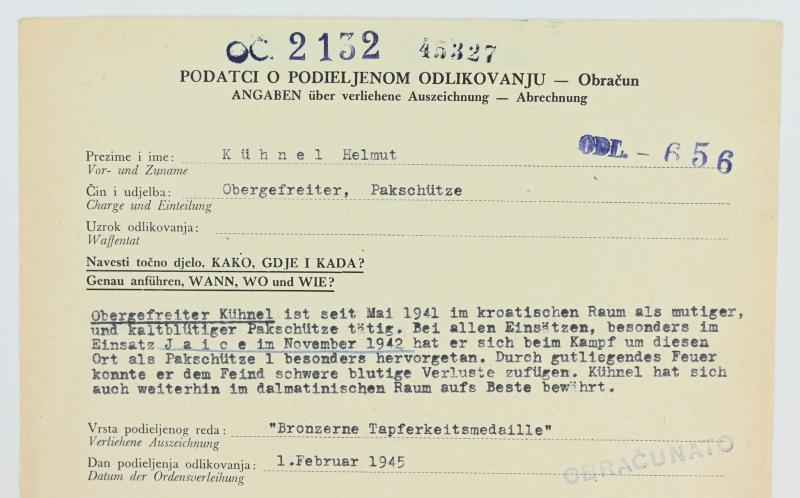 Croatian/German WW2 Bronze Bravery Medal Certificate 'Helmut Kuhnel'
