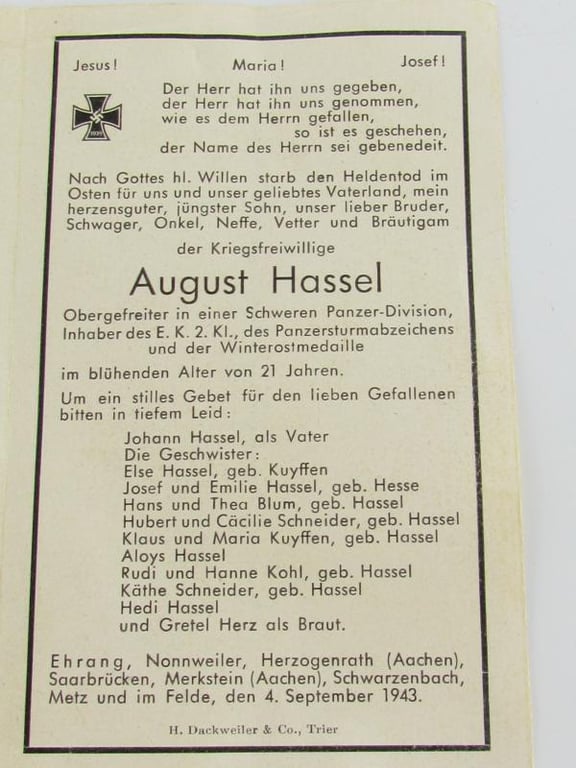 Death Notice Wehrmacht Panzer Soldier