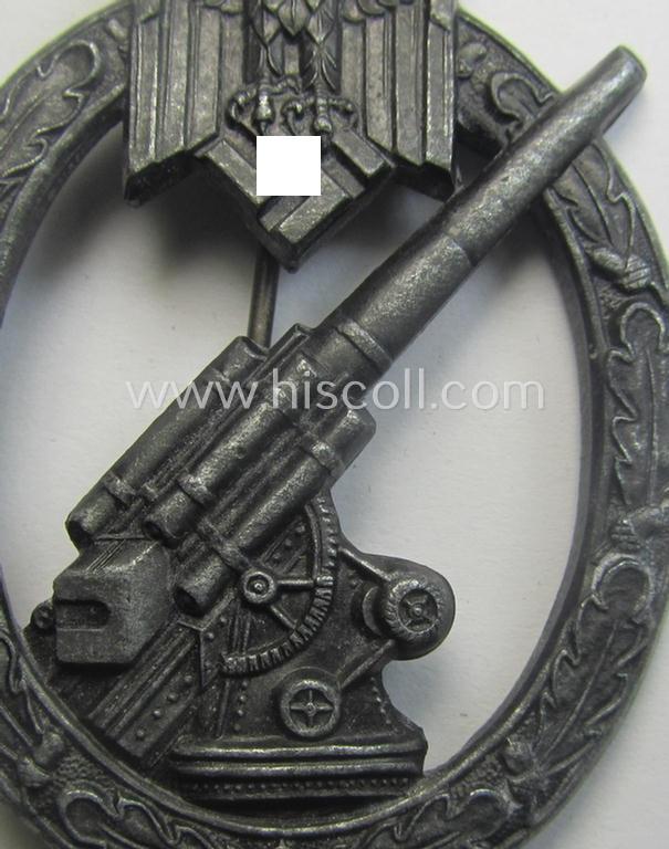 'Heeres-Flakkampf-Abzeichen' being a clearly maker- (ie. 'HA'-marked- and/or zinc- (ie. 'Feinzink'-) based specimen as was produced by the maker (ie. 'Hersteller') named: 'Hermann Aurich'