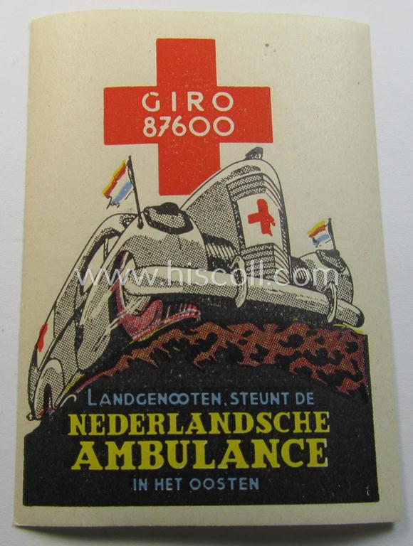 Neat - and actually not that easily found! - colourful, Dutch Waffen-SS volunteer-related propaganda- ie. collaboration-related 'sticker' ie. stamp entitled: 'Landgenooten steunt de Nederlandsche Ambulance in het Oosten'