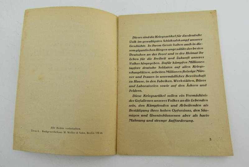 Booklet : Propaganda, Dreissig Kriegsartikel für das Deutsche Volk, Dr. Goebbels, 1943