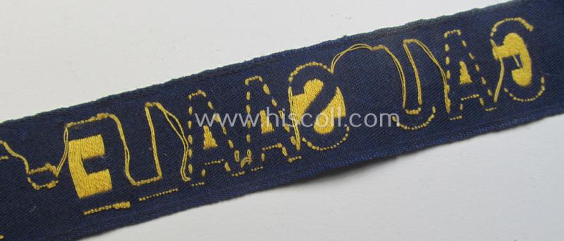 Attractive, bluish-coloured- and typical linnen-based 'Der Stahlhelmbund' (ie. 'Der Stahlhelm' - Bund der Frontsoldaten (or: Sta)' cuff-title (ie. 'Ärmelstreifen') entitled: 'Gau Saale-Thüringen'