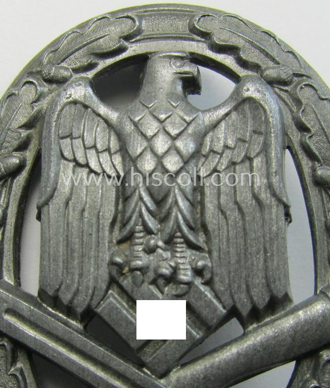 Superb, 'Allgemeines Sturmabzeichen' (or: General Assault Badge ie. GAB) being an unmarked and/or zinc- (ie. 'Feinzink'-) based, solid-back- (ie. so-called: 'deep-pan'-) variant-pattern as was produced by a to date unknown maker