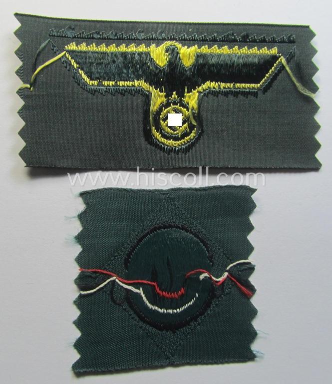 WH (KM ie. 'Küsten-Marine o. Marine-Art.') side-cap-eagle and cocarde-set (being a 'virtually mint- ie. unissued' set as executed in golden-yellow-coloured linnen on a darker-green-coloured background)
