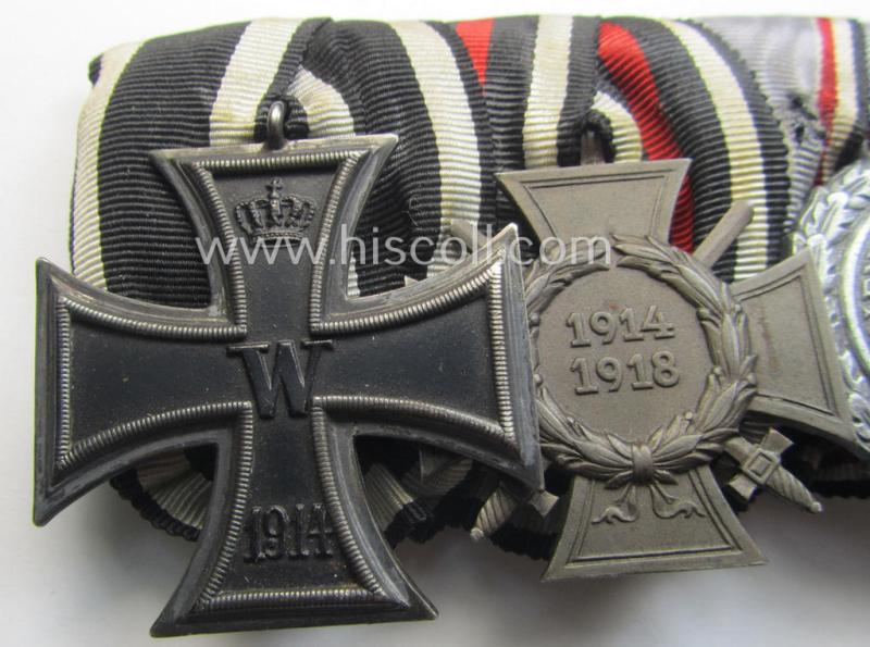 Unusually found, 3-pieced WWI- (ie. TR-) period medal-bar (ie. 'Ordenspange') respectively depicting a WWI-period: 'EKII.Kl.', a: Frontkämpferkreuz 1914-18' (ie.: 'Kriegsteilnehmerkreuz mit Schw.') and a: 'Luftschutz-Ehrenzeichen 2. Stufe'