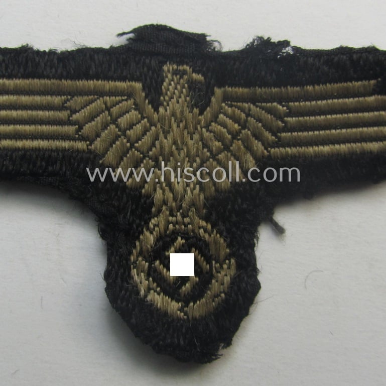 Truly worn, mid- (ie. later-) war-pattern 'Waffen-SS'-type so-called: 'BeVo'-pattern, EM- (ie. NCO-) type side-cap eagle that comes in a just moderatrey used- (ie. neatly confectioned and/or carefully cap-removed-), condition