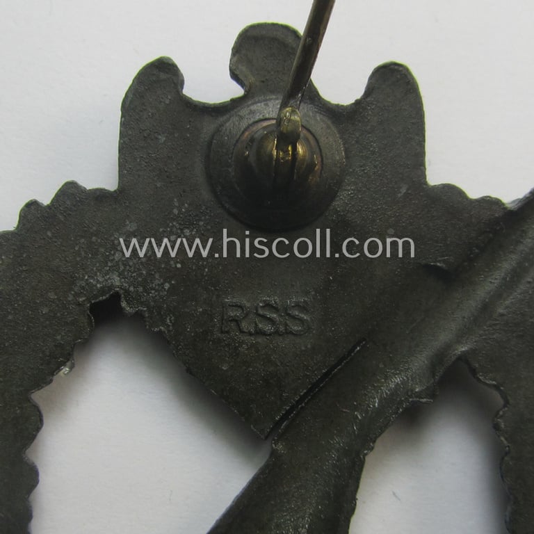 Hardly used, 'Infanterie Sturmabzeichen in Bronze' being a clearly maker- (ie. 'RS&S'-) marked, 'semi-hollow-back' example by the desirable maker: 'Richard Sieper u. Söhne' as was executed in golden-bronze-coloured, zinc-based metal