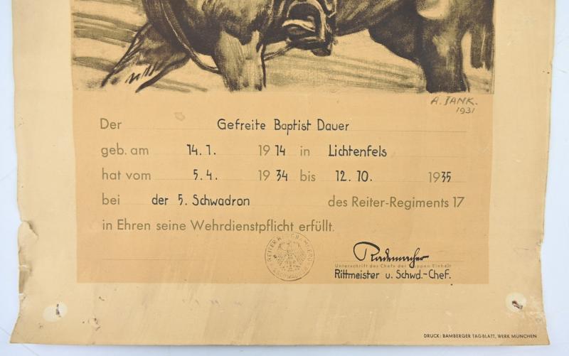 German Reichswehr Cavalry Certificate 1935