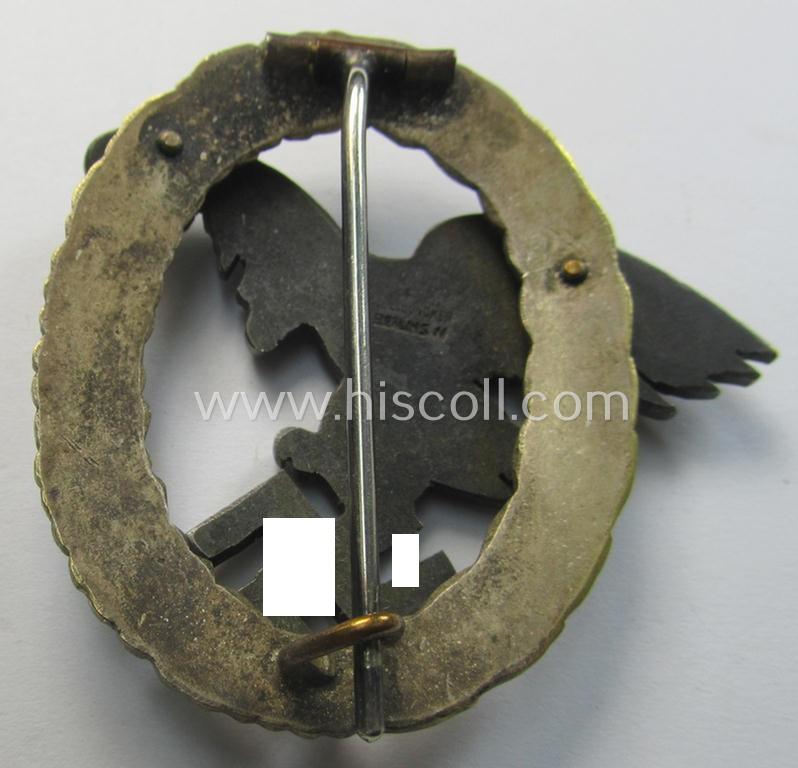WH (Luftwaffe) 'Flugzeug-Beobachter-Abzeichen' (ie. observers'-war-badge) being a neatly maker- (ie. 'C.E. Juncker'-) marked and/or: 'Buntmetall'- (ie. 'Tombak'-) based example (of the desirable 'J1-pattern'!)