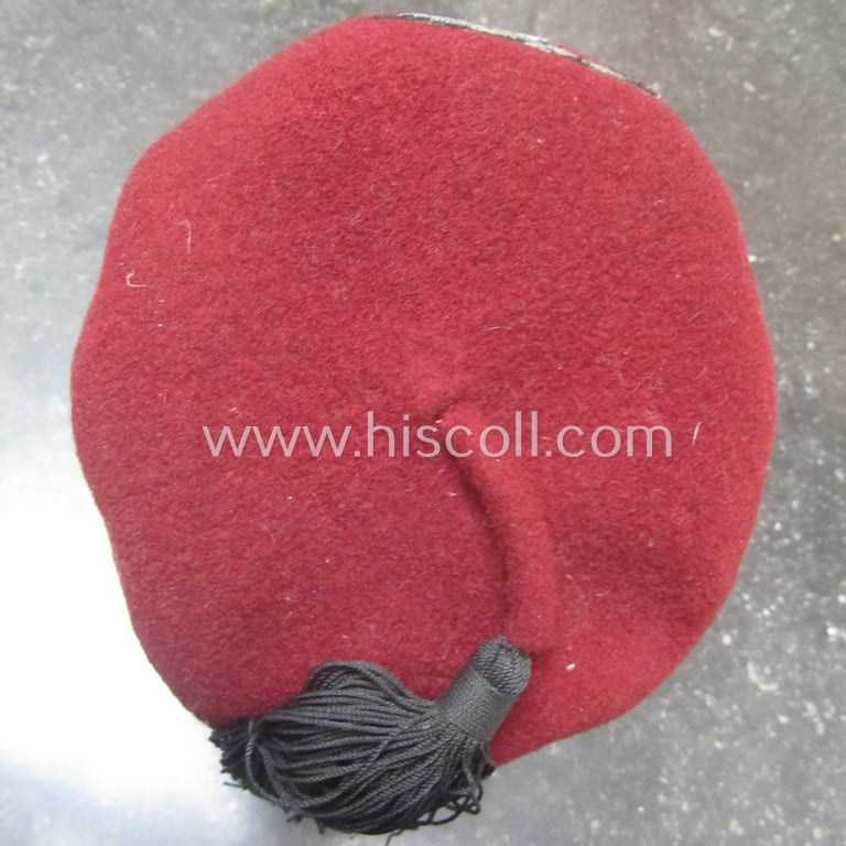 Superb, maroon-red-coloured, Waffen-SS-pattern so-called: 'Fez' having a neat - and fully matching! - silver-grey-coloured- and/or 'BeVo'-woven insignia-set originally- (ie. 'off-factory'-) attached