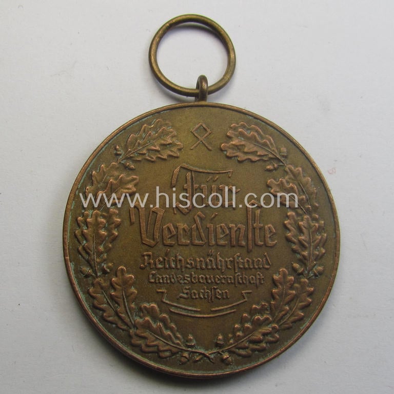 Bronze-toned, typical 'Reichsnährstand'- (ie. 'RNSt.'-) related, (portable) commemorative-award entitled: 'Blut und Boden - Für Verdienste - Reichsnährstand - Landesbauernschaft Sachsen'