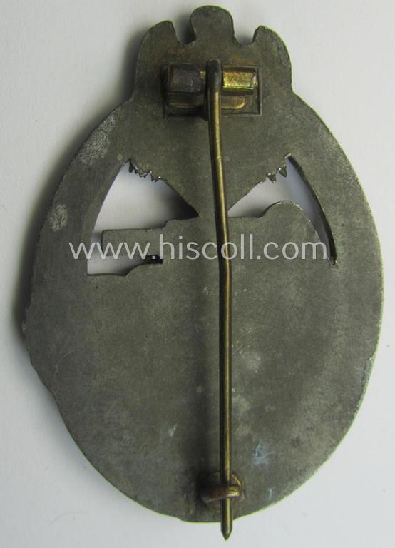'Panzerkampfabzeichen in Silber' (or: silver-class panzer-assault badge or PAB) being a typical non-maker-marked- and/or zinc- (ie. 'Feinzink'-) based specimen of the 'scooped flatback'-pattern