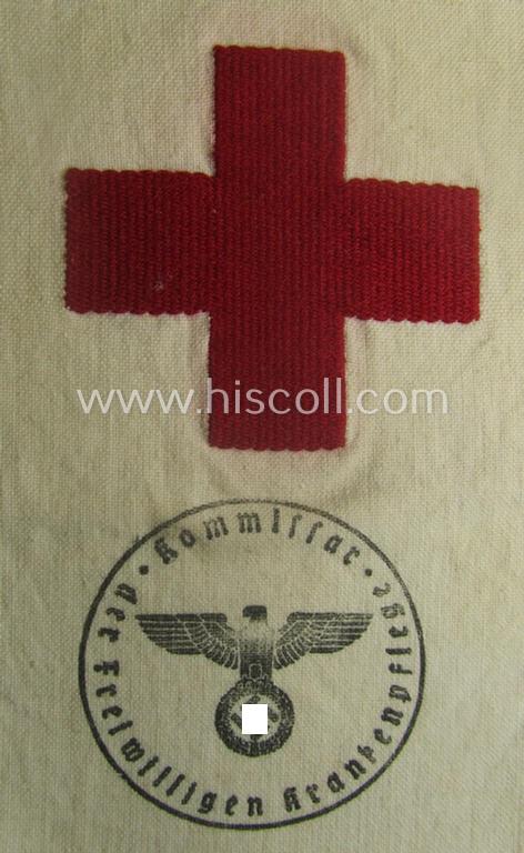 WH (Heeres) related, linnen-based- and/or neatly 'machine-embroidered', beige-white-coloured DRK- (ie. 'Deutsches Rotes Kreuz'-) armband (ie. 'Armbinde') as was intended for the staff-members serving as medical orderly