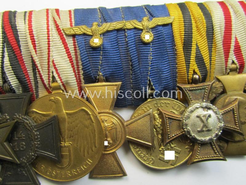 Superb, 8-pieced WWI- ie. TR-period medal-bar (ie. 'Ordenspange') showing resp. a: 'KvK II.Kl. m. Schw.',a: FKK 1914-18 o. Schw.', two: WH (Heeres) 'DA' (of the: '1. u. 3. St.') and four Austrian WWI-commemorative- ie. service medals