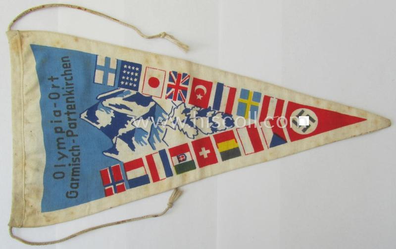 'Patriotic-styled'- and/or truly nicely executed! - multi-coloured, TR-period vehicle- ie. bicycle-flag (ie. 'Fahrrad-Fahne') depicting various national flags and text: 'Olympia-Ort - Garmisch-Partenkirchen'
