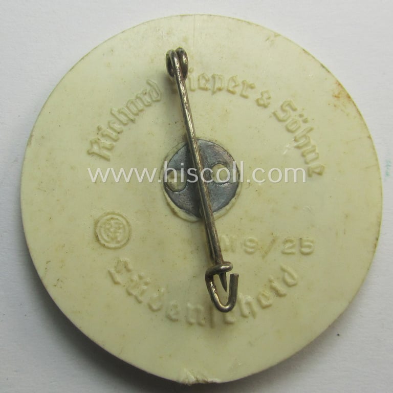 Commemorative, beige-coloured 'SA'-related 'tinnie' being a maker- (ie. 'R. Sieper & Söhne'-) marked example depicting a merchant-ship and 'SA'-logo and text: 'Wettkampftage 1939 - SA-Gruppe Hansa - Hamburg - 14.-18. Juni'