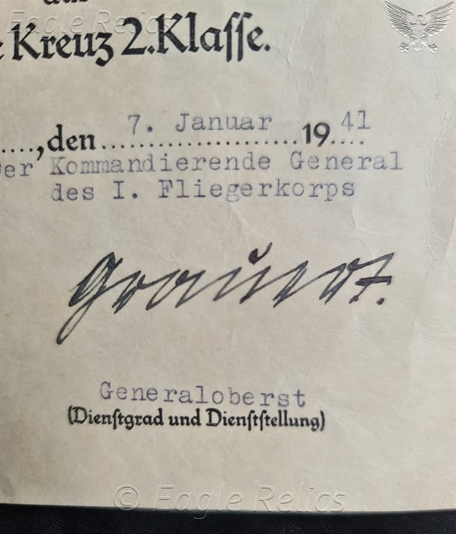 EK2 Award Citation for a  Luftwaffe Bomber NCO  During The Battle of Britain