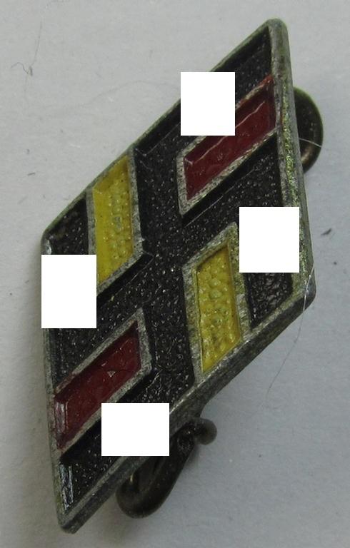 Attractive - and I deem later-war-period! - 'NS-Studentenbund' lapel-pin (ie.: 'Raute') being a bright-red-, black- and white-coloured- and/or aluminium-based- (ie. painted!) example