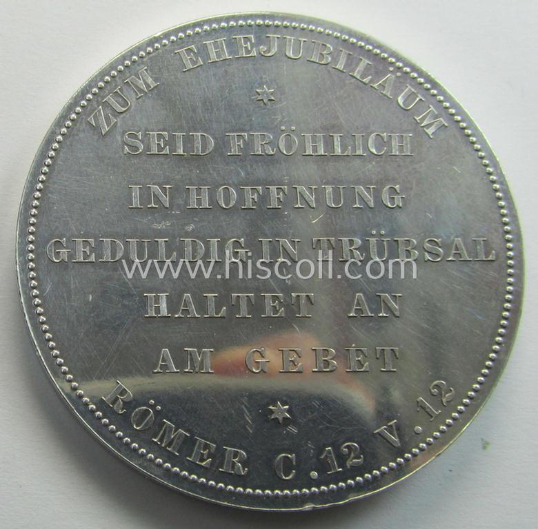 Unusual, genuine silver-based 'Preussen'-related commemorative-award-plaque (ie. 'Erinnerungs- o. nichttragbare Auszeichnungsplakette' or: 'Ehejubiläums-Medaille zur Hochzeit Wilhelm II u. Auguste Victoria' and that came stored in its period et...