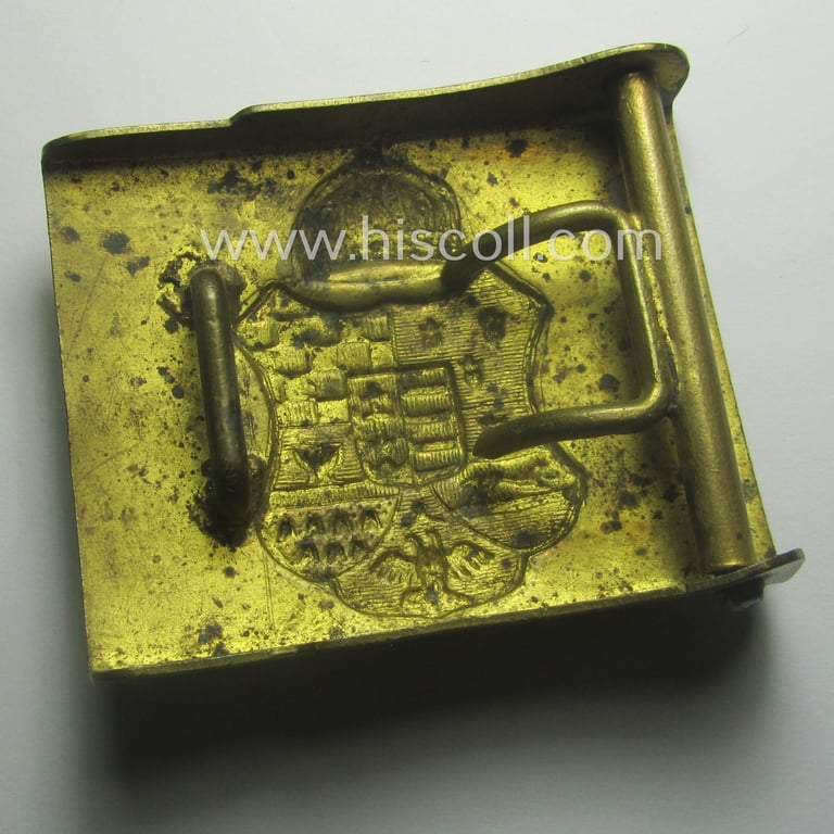 Attractive example of a pre-WWI-war-period, so-called: 'königl. Ungarischer Honvéd', copper- (ie. 'messing'-) based belt-buckle being a typical 'M1892'-specimen