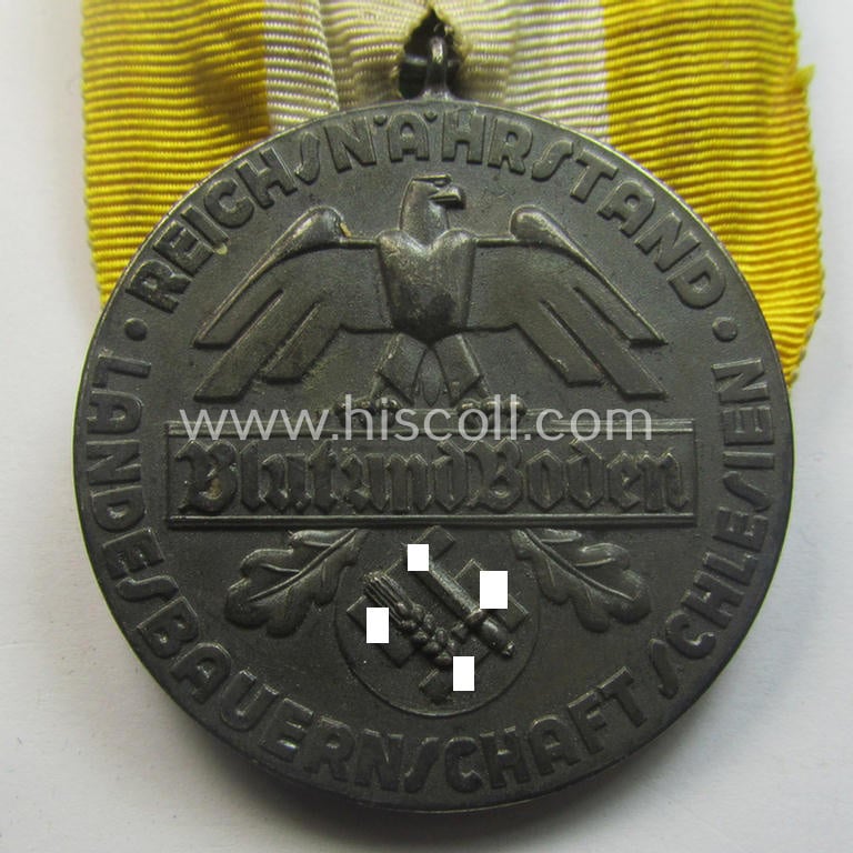 Darker-bronze-toned, typical 'Reichsnährstand'- (ie. 'RNSt.'-) related, (portable) loyal-service-award entitled: 'Reichsnährstand - Landesbauernschaft Schlesien - Für 20 Jahre Treue Dienste und Fleiss'