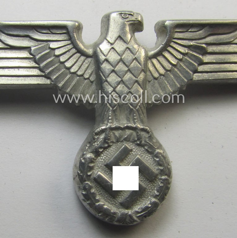 Bright-silver-coloured- and/or: aluminium-based (political-style) visor- (ie. 'Schirmmützen'-) cap-eagle being a detailed and neatly: 'RzM' and/or: 'M1/44' marked example