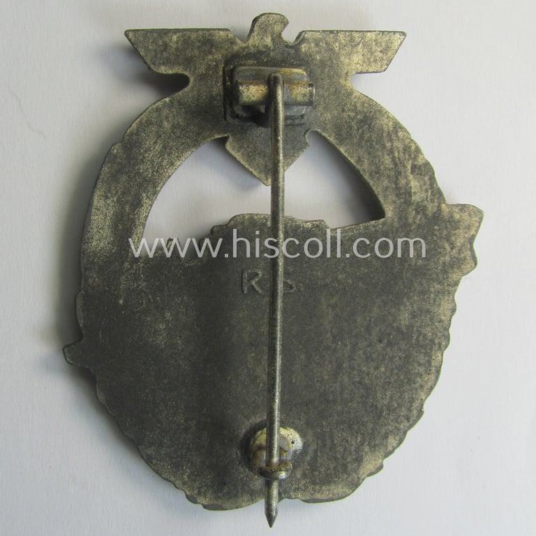 WH (Kriegsmarine) so-called: 'Kriegsabzeichen für Schnellboote - 2. Modell' (or: E-boat-war-badge of the 2nd model) being a maker- (ie. 'RS'-) marked example as was produced by the: 'Rudolf Souval'-company