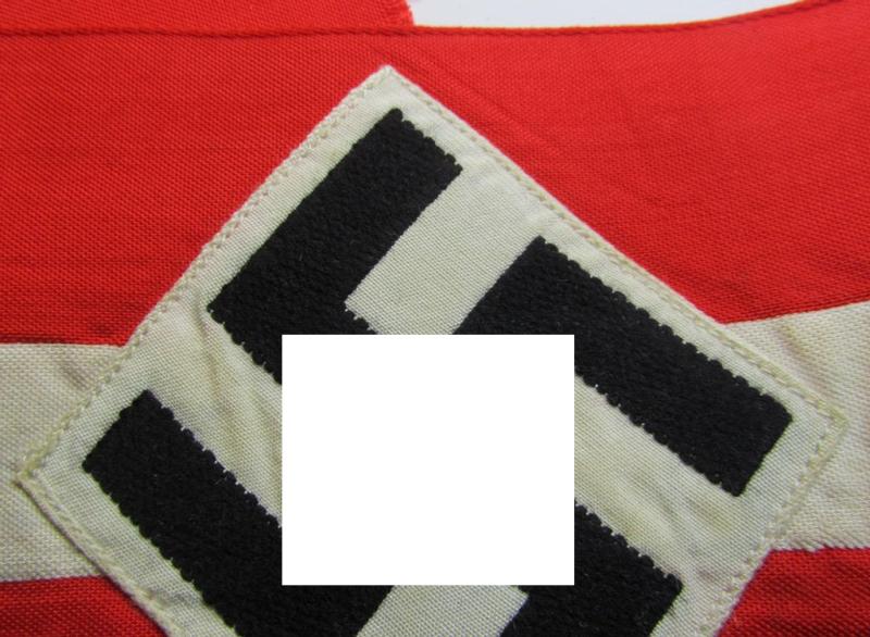 Superb - and nowadays scarcely found! - 'standard'- (ie. entirely woven) pattern, bright-red-coloured HJ- (ie. 'Hitlerjugend'-) related armband (ie. 'Armbinde') being a simply never worn- nor used example that comes without  an 'RzM'-etiket