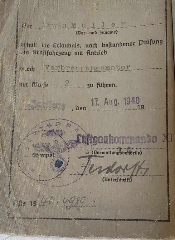 Wehrmacht - Führerschein issued to a Luftwaffe (Fallschirmjager) medic