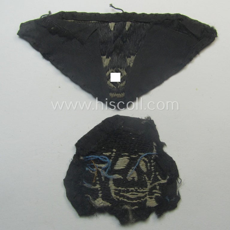 Superb - and nowadays rarely encountered! - Waffen-SS, 'BeVo'-woven-style skull- and cap-eagle-set (ie. 'Totenkopf- u. Adler-Effektensatz für Schiffchen o. Einheitsfeldmütze') that comes in a moderately used- and/or cap-removed, condition