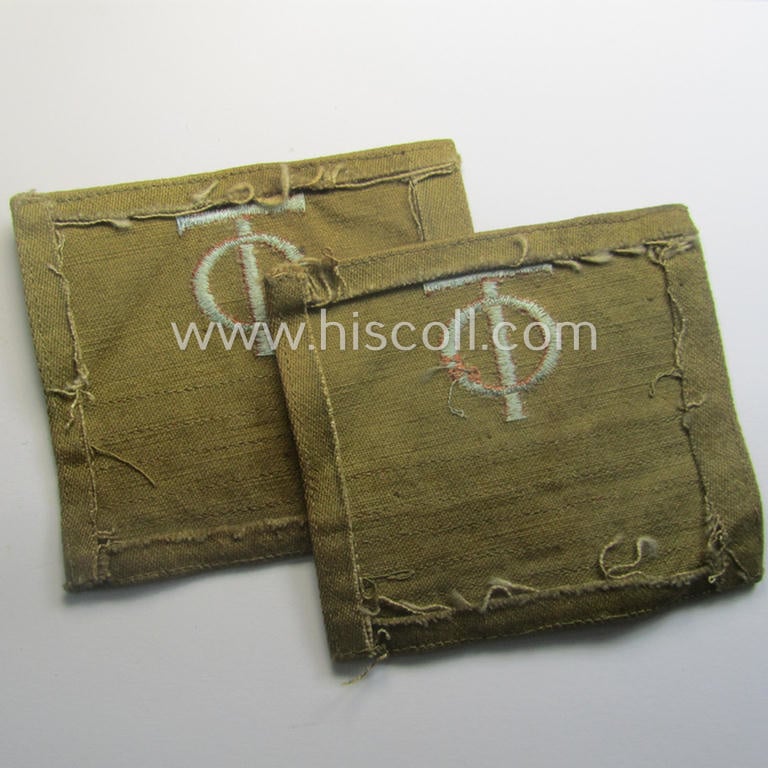 Pair of OT- (ie.: 'Organisation Todt'-) related golden-brown-coloured, enlisted-mens'- (ie. NCO-) pattern rank-patches (ie. 'OT-Dienstgraden-Abzeichen')