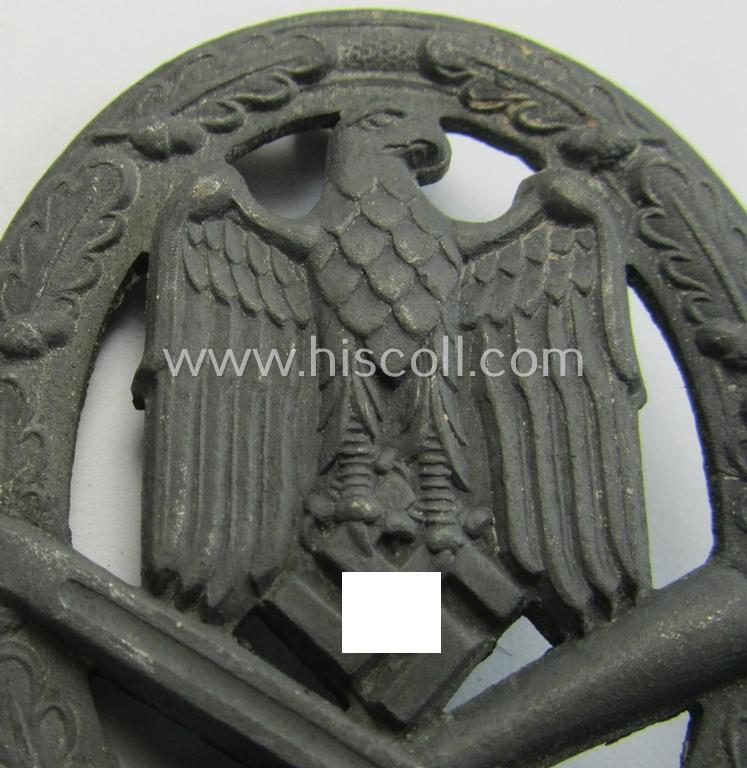 Attractive, 'Allgemeines Sturmabzeichen' (or General Assault Badge ie. GAB), being an unmarked, zinc- (ie. 'Feinzink'-) based so-called: 'flat-back'-pattern by a (by me) unidentified maker